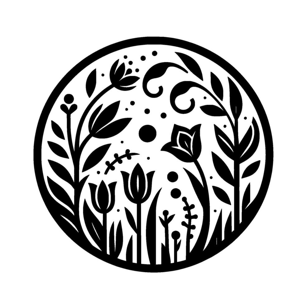 Stylized Floral Mandala A symmetrical black and white , featuring tuliplike flowers, leaves, and delicate accents enclosed within a perfect circle, evoking nature and harmony. vector