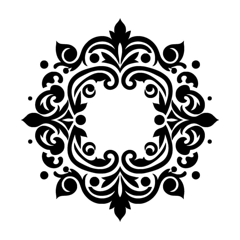Symmetrical, ornate black and white decorative featuring swirling leaves, curves, and floral elements forming a circular frame. vector