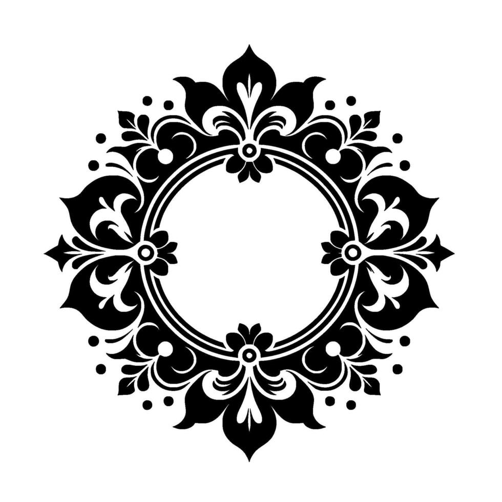Ornate Black White Circular Floral with Detailed Leaf and Petal Motifs, Ideal for Embellishment or Decorative Applications. vector