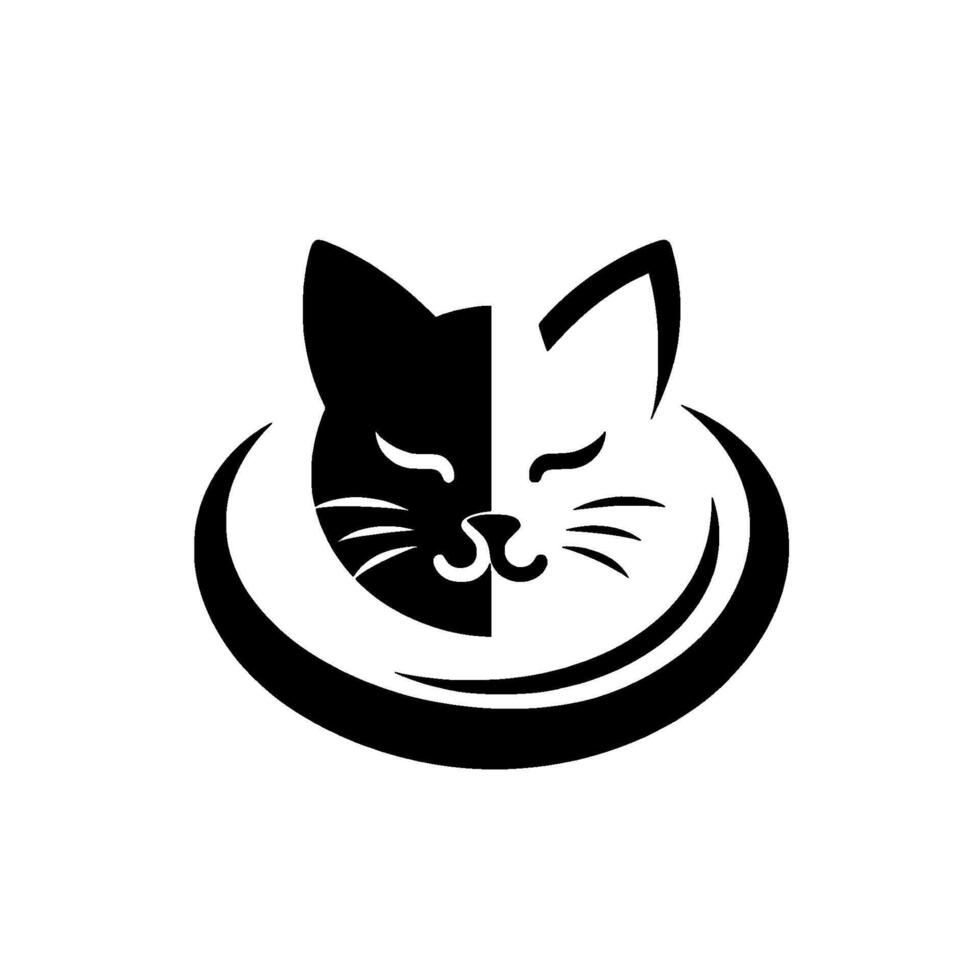 Minimalist Black and White Cat Face Featuring Halved Within a Circular Embrace, Evoking Calmness. vector