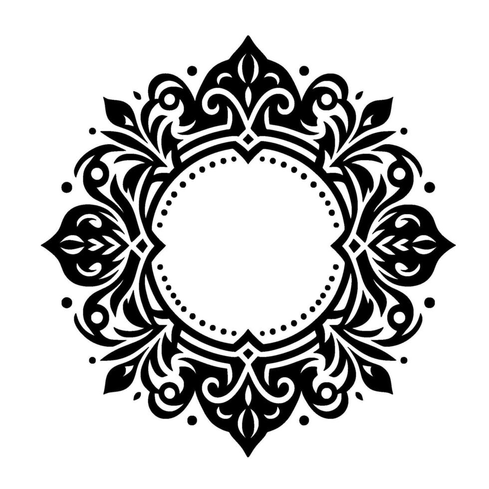 Intricate monochrome symmetrical floral mandala with a central blank circle, featuring detailed leaves, swirls, and dotted border. vector