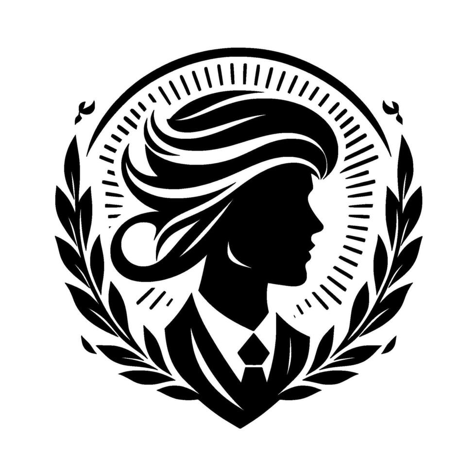 Silhouette of a distinguished woman in a suit, adorned with laurel branches and radial lines, representing strength and elegance. vector