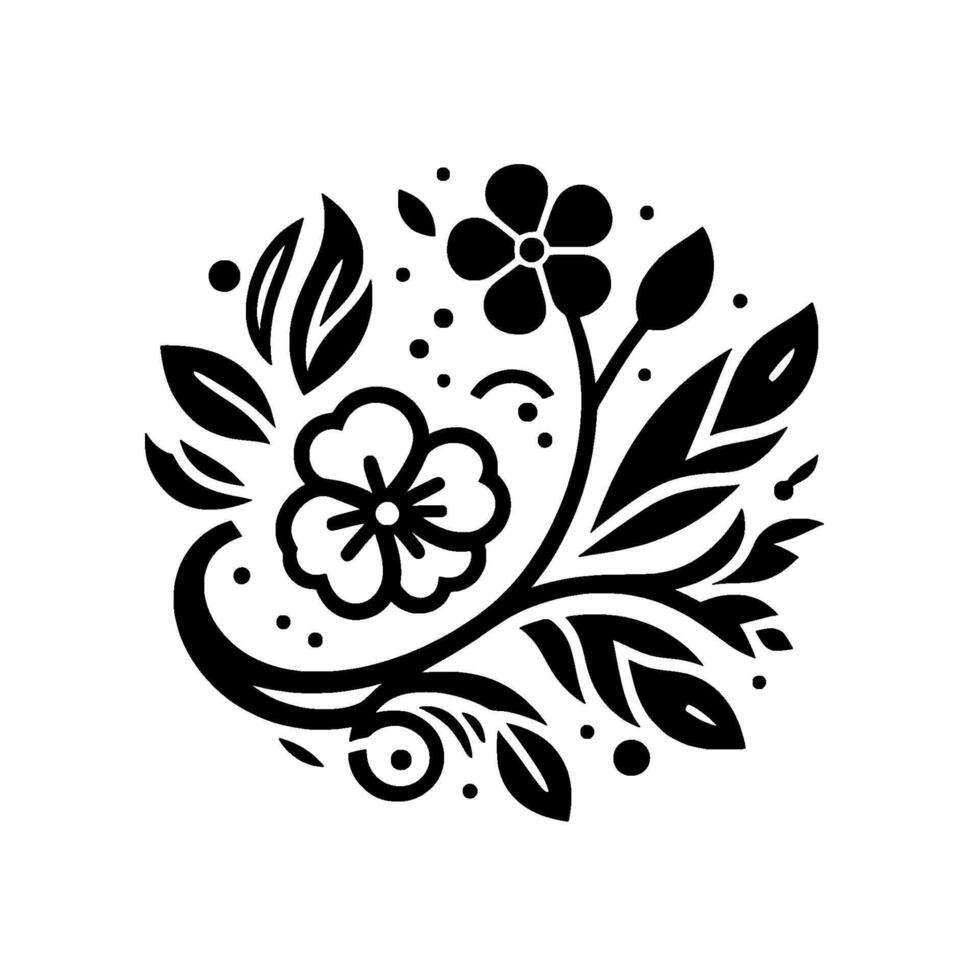 Monochromatic floral featuring stylized blossoms, leaves, buds, and curved accents in a circular arrangement against a clean white background. vector
