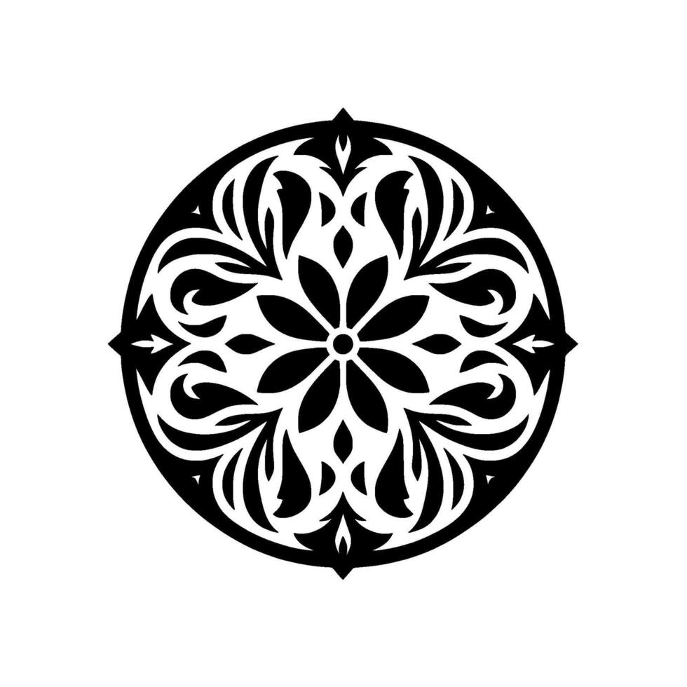 Intricate Black Floral Mandala Pattern on White Background, Symmetric, Detailed Leaf Designs, Circular Arrangement, Decorative Art. vector