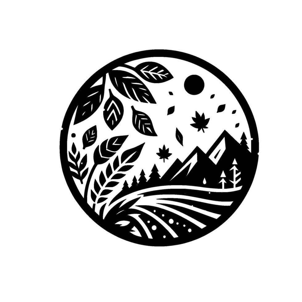 A monochromatic, circular nature scene featuring leaves, mountains, a sun, and stylized fields, conveying a serene, outdoorsy feel. vector