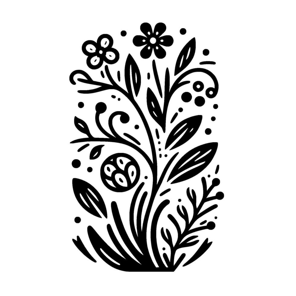 Black and White Botanical Illustration Stylized Floral Composed of Leaves, Flowers, and Delicate Vines Within an Oval Frame. vector