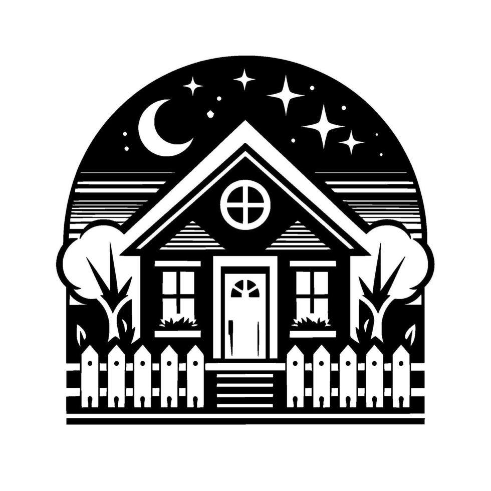 Serene Black and White Illustration of a House Under a Night Sky with Crescent Moon, Stars, Trees, and a Picket Fence. vector