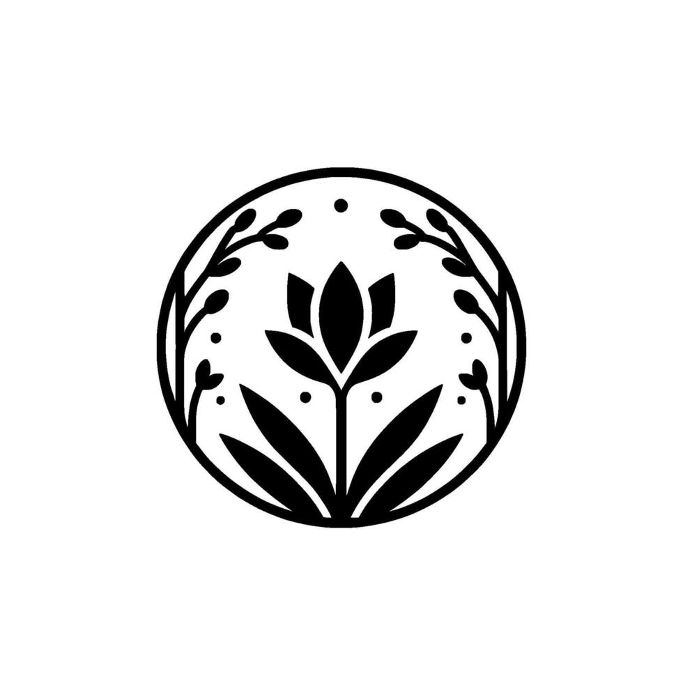 Elegant Black and White Floral Emblem with Blossoms and Foliage in a Circular Frame. vector