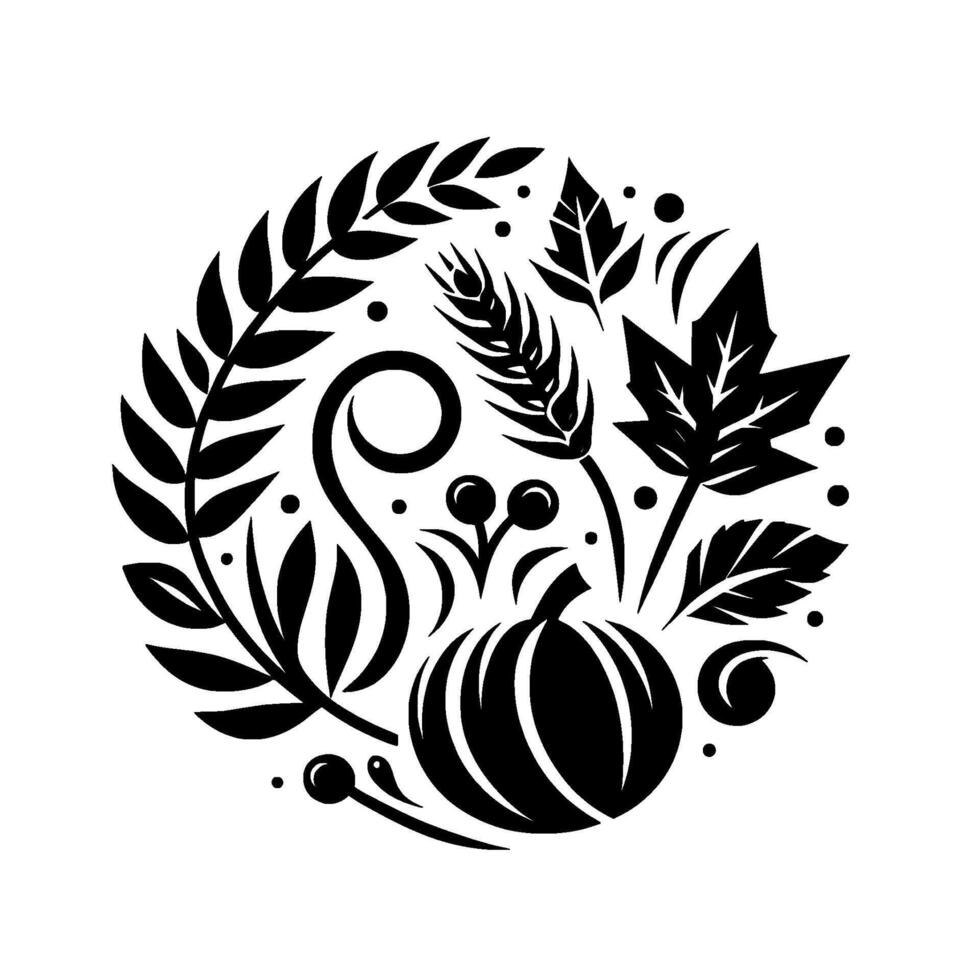 An elegant circular black and white illustration of autumn elements, including a pumpkin, leaves, berries, and wheat, showcasing a minimalist and decorative seasonal . vector