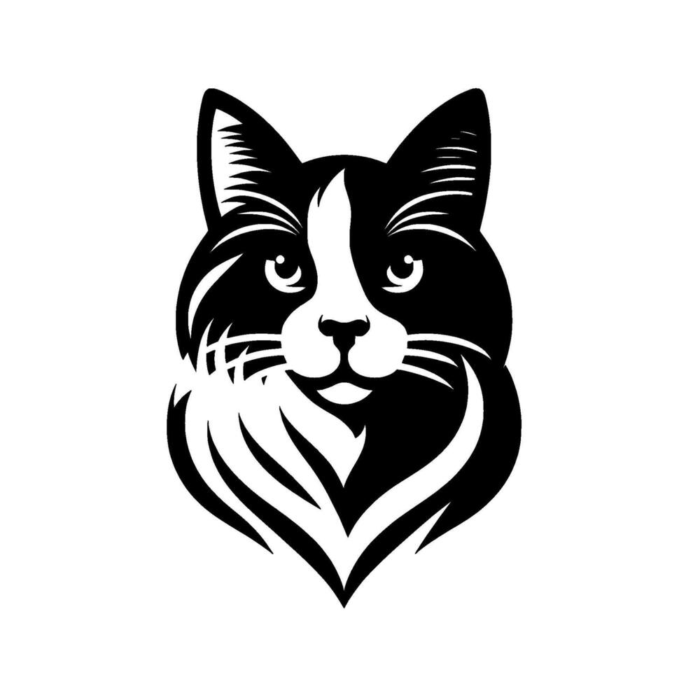 A striking monochrome cat portrait, showcasing a tuxedo cat in a simplified art style, its fur rendered with bold lines. vector