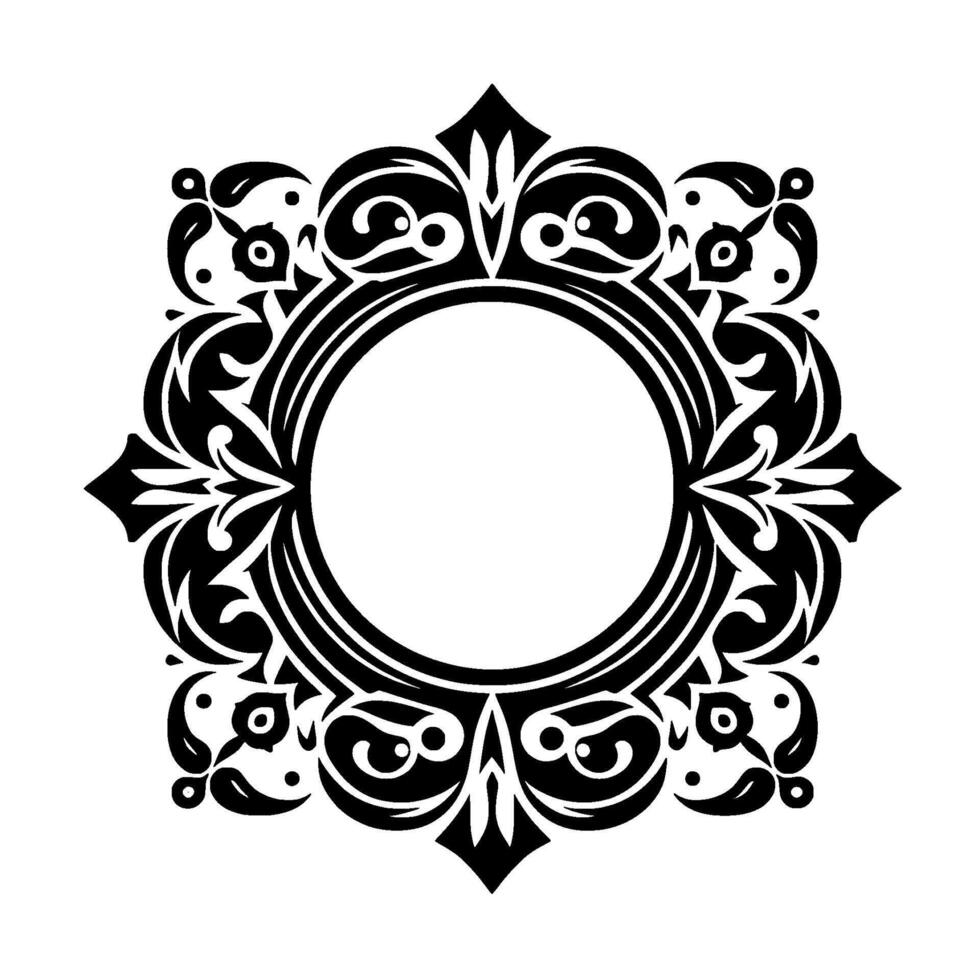 Intricate Black and White Ornamental Circular Frame with Flourishes, Symmetric Pattern, and Ornate Details, Perfect for Embellishment and Decoration. vector