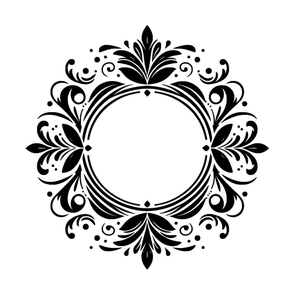 Circular Black Floral Frame with Intricate Details, Designed for Invitations or Decorations on a White Background. vector