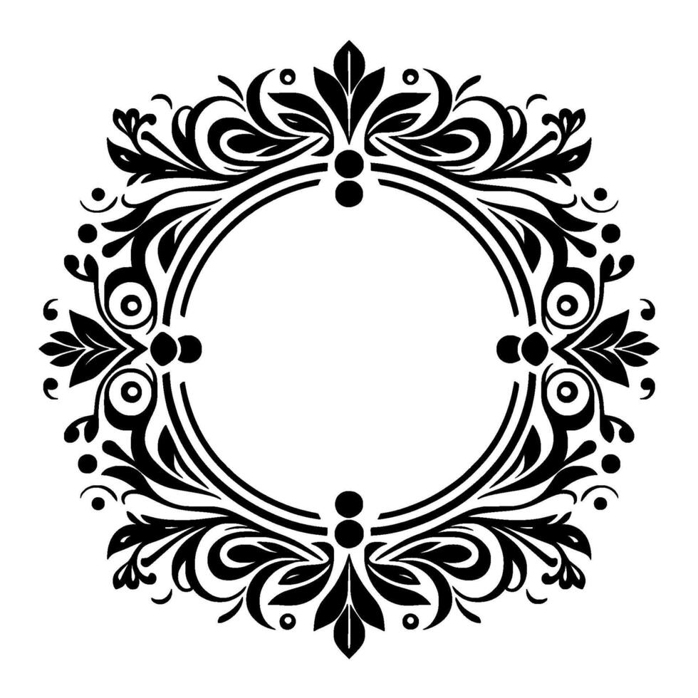 Elegant Black Floral Ornament with Circular Frame, a symmetrical of leaves, swirls and dots, perfect for invitations and decorations. vector