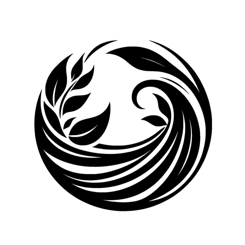 A symmetrical, black and white botanical , resembling a stylized wave and leaf motif, presented within a circular frame, evoking balance and natural elegance. vector