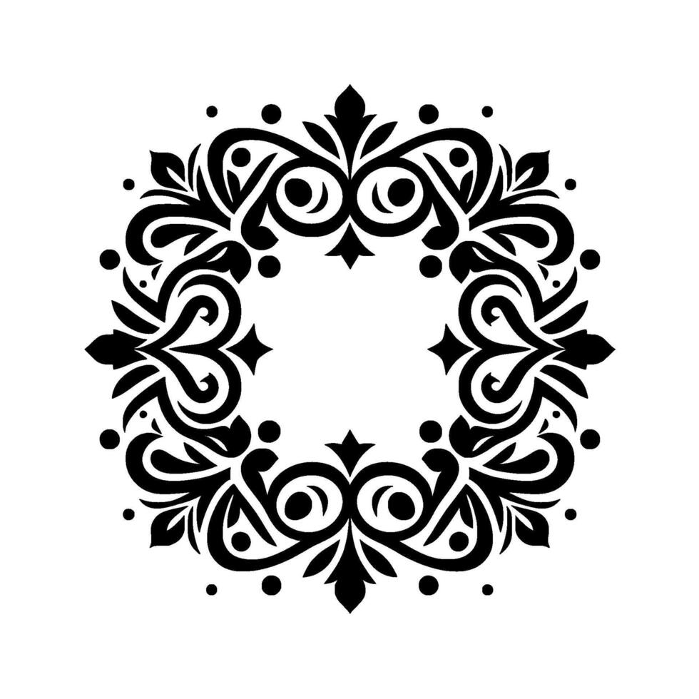 Intricate Black and White Floral Wreath , featuring symmetrical curves, decorative swirls, leaflike details, and dot accents, creating a circular, ornamental pattern on white background. vector
