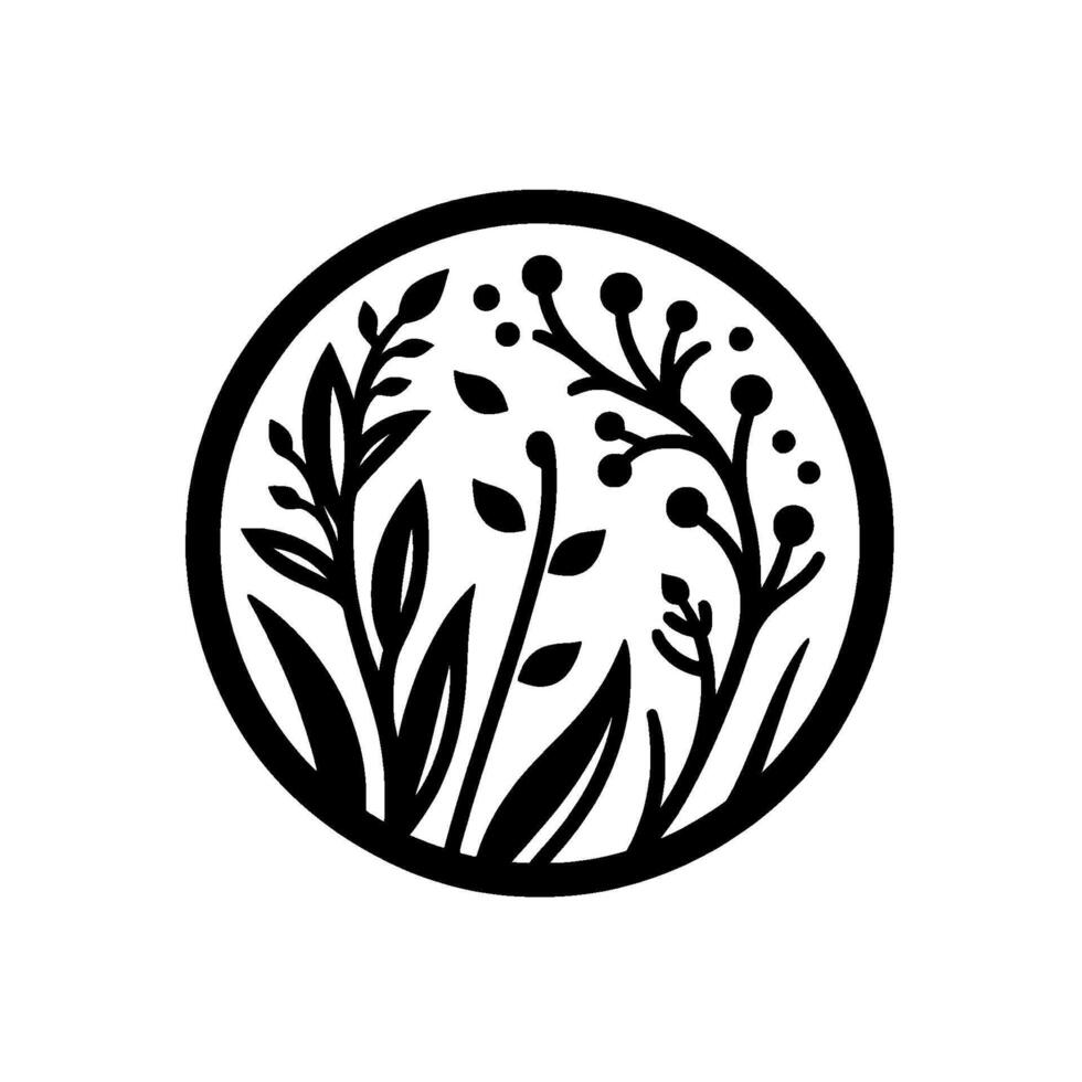 Minimalist Black and White Botanical Circle Featuring Leaves, Berries, and Foliage, Set Against White Background. vector