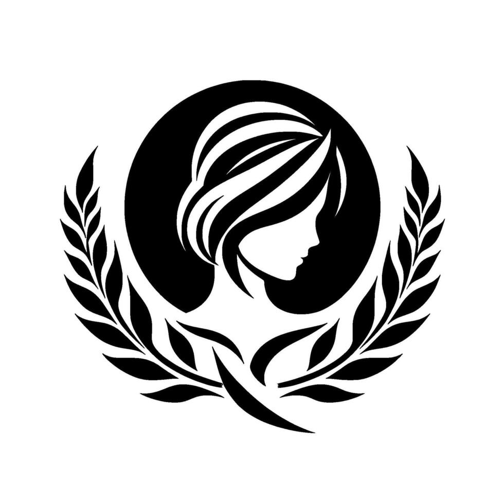 Silhouette of a womans profile enclosed in a black circle, accented with laurel leaves, forming a striking, minimalist emblem. vector