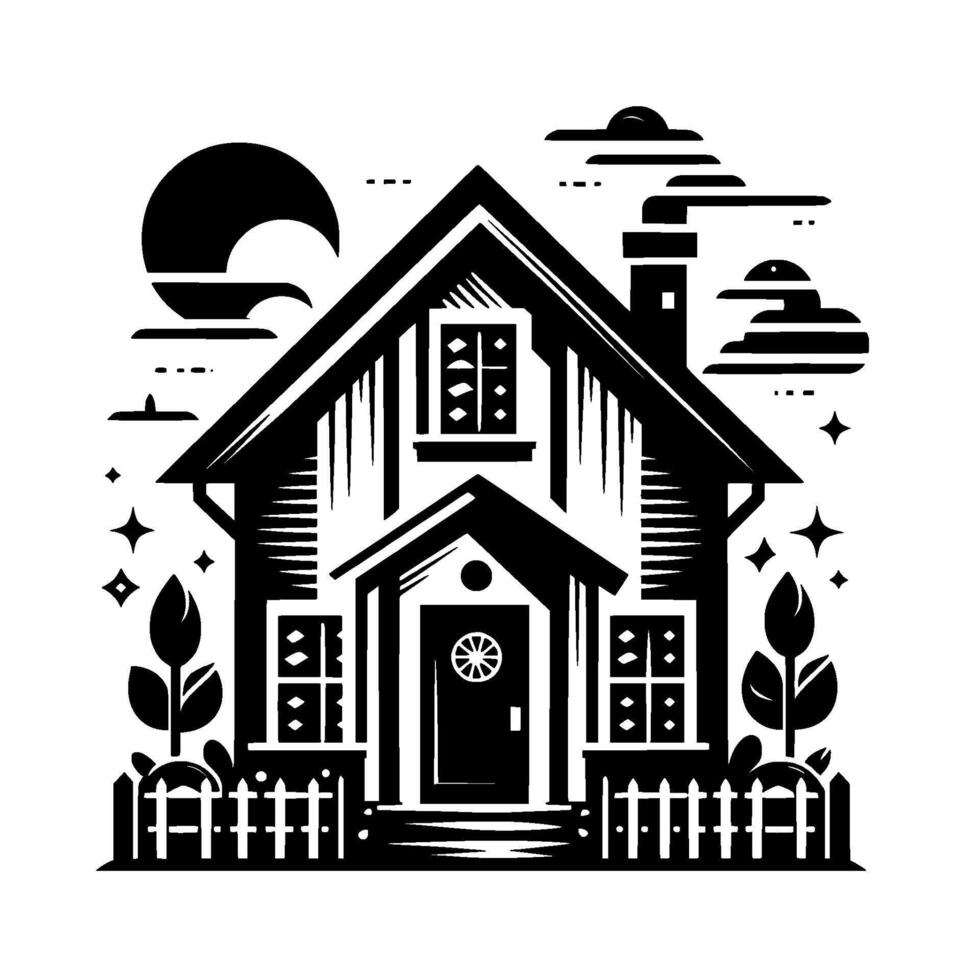 A Stylized Black and White Illustration of a Cozy House Under a Night Sky, Featuring Stars, Clouds, and a Fence, Depicting a Warm Welcome. vector