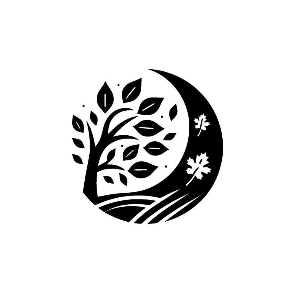 A stylized monochrome circular featuring a silhouetted tree in front of a crescent moon, with maple leaves and rolling hills. vector