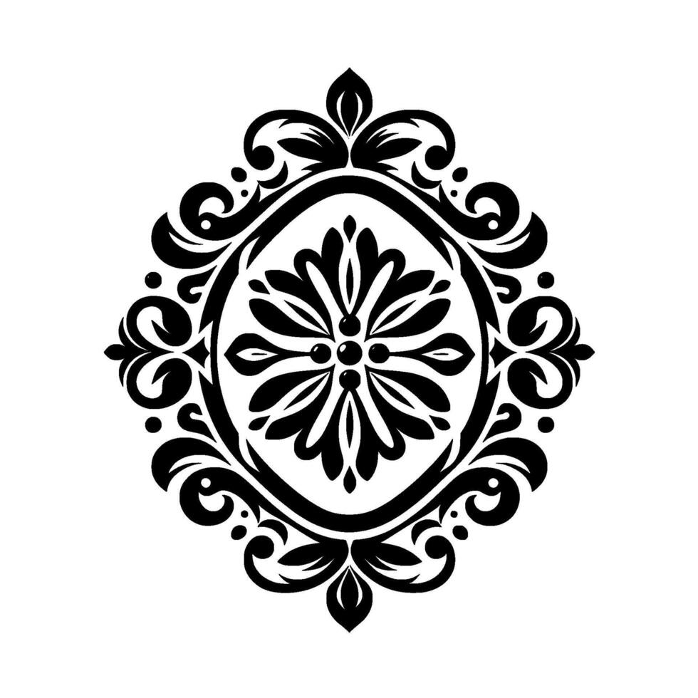 Intricate Black and White Ornamental A symmetrical, stylized floral and leaf motif within an oval frame, evoking elegance and classic aesthetics. vector