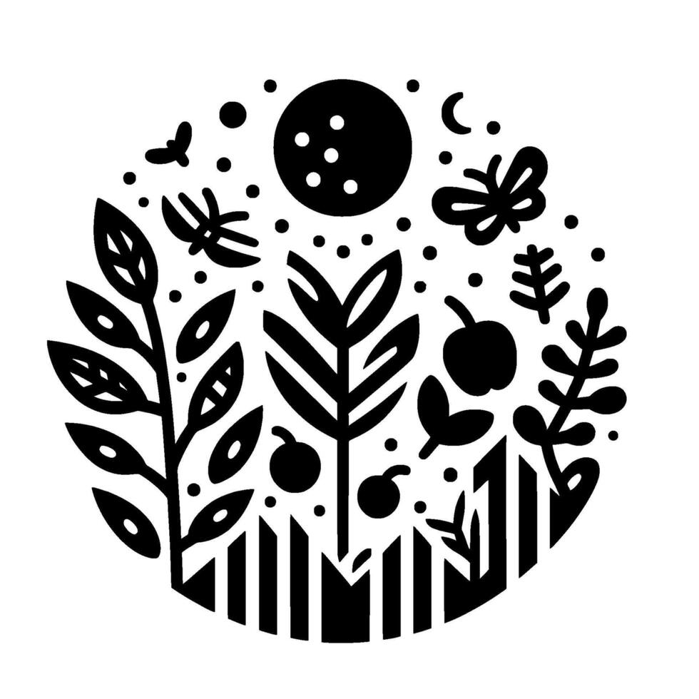 A whimsical black and white illustration of a circular garden scene featuring flora, fauna, and celestial elements a full moon, butterflies, leaves, and berries. vector