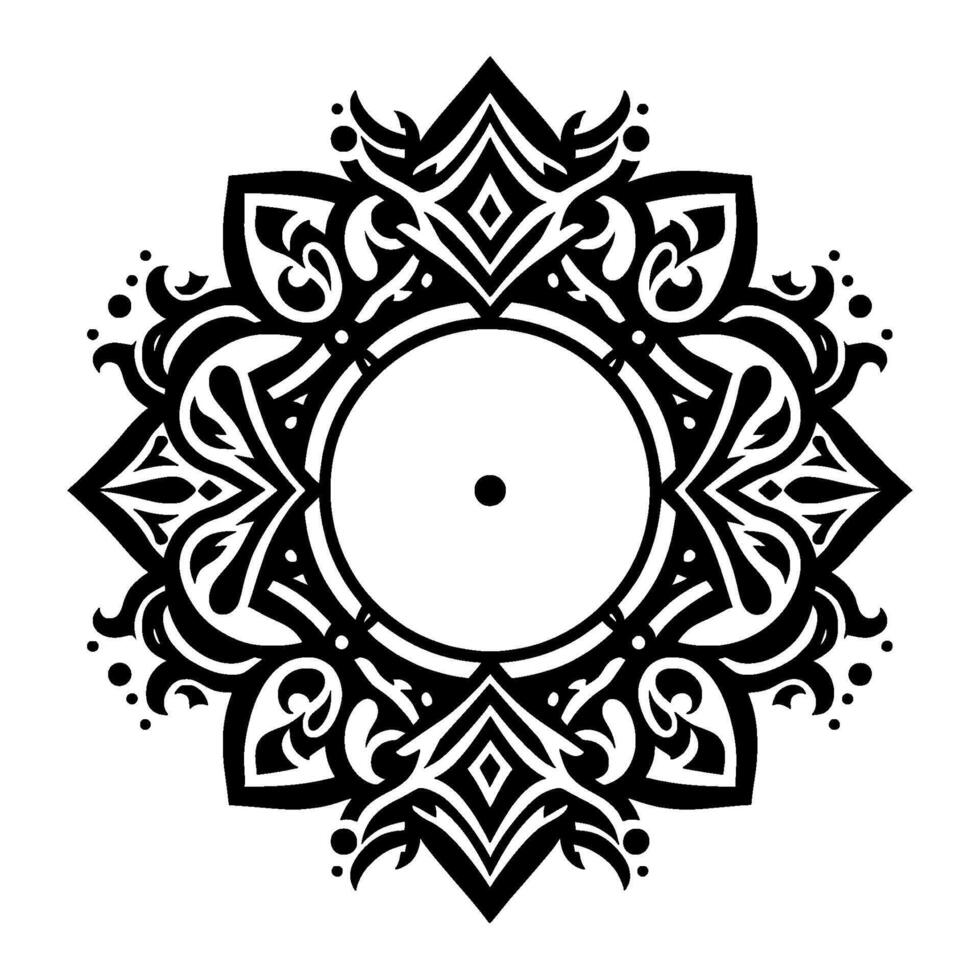 Intricate Black and White Mandala Radial Symmetry with Geometric and Floral Elements Surrounding a Central Dot. vector