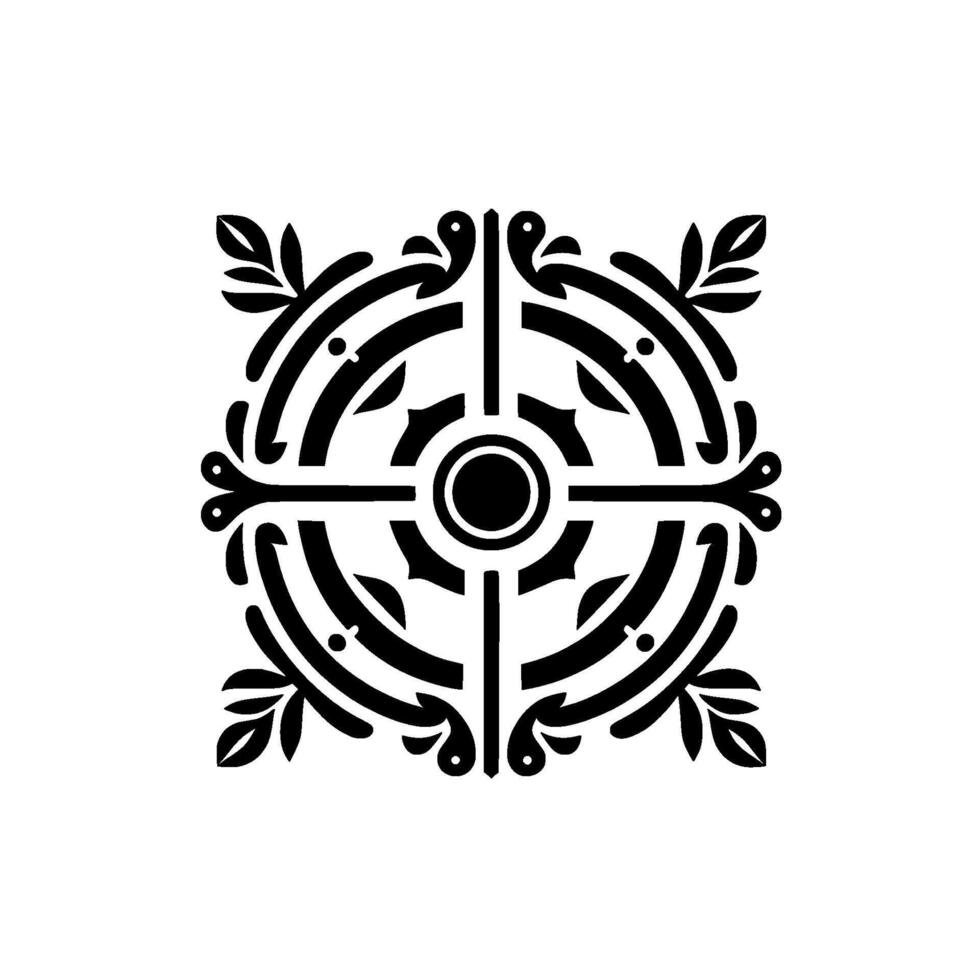 Symmetrical Black and White Ornamental A Geometric Floral Medallion with Circular and Linear Elements on a White Background. vector