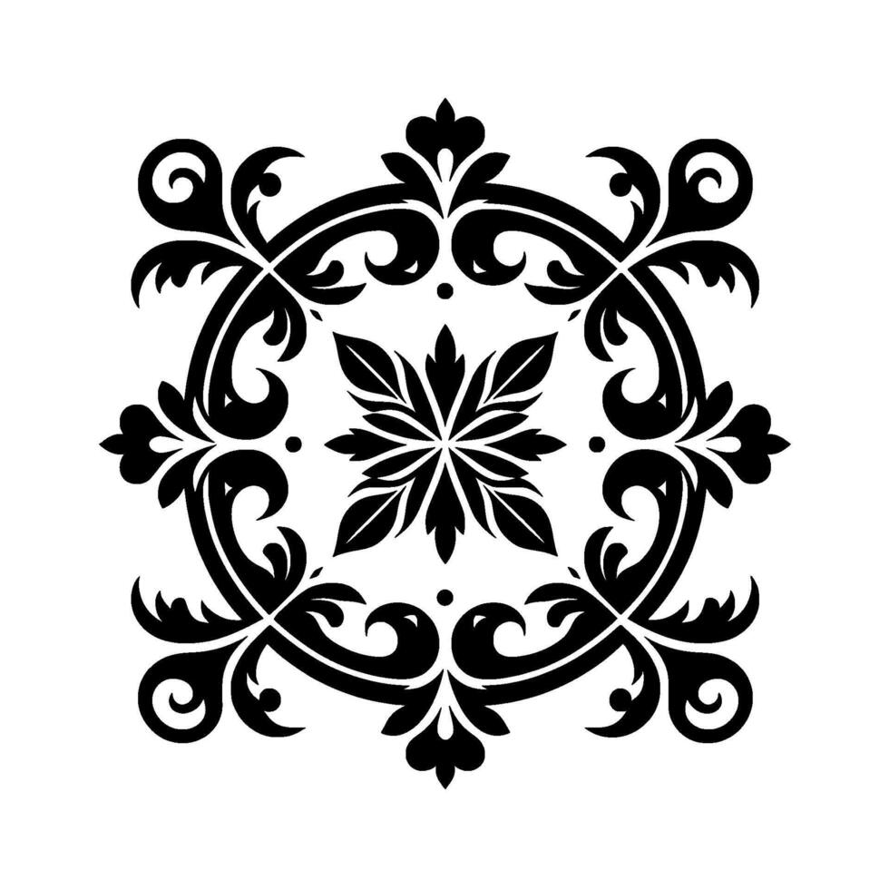 Symmetrical Black and White Floral with Scrollwork and Central Starburst Motif vector