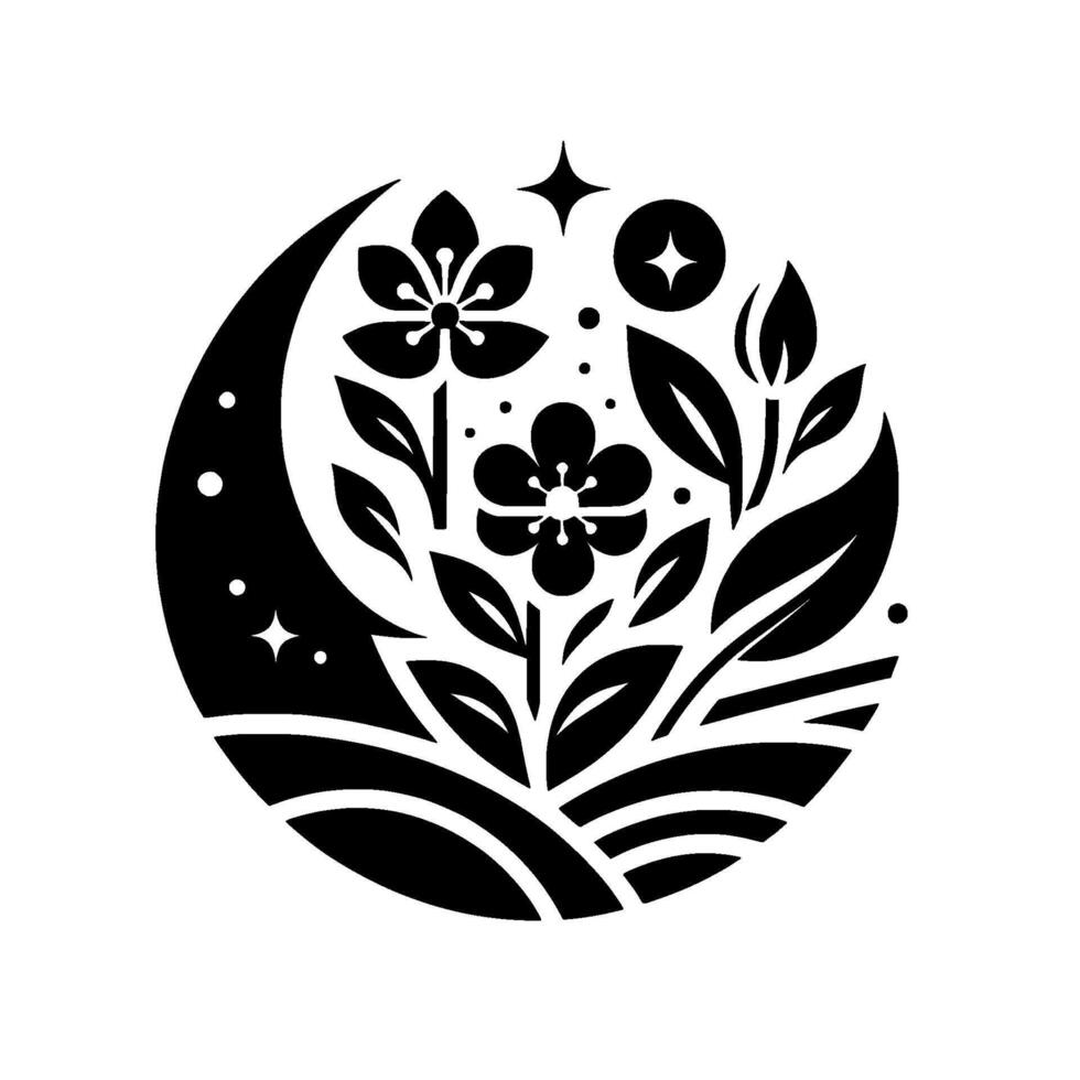Minimalist Floral Celestial Motif A Black and White Circular Composition Featuring Flowers, Leaves, Crescent Moon, Stars, and Dots. vector