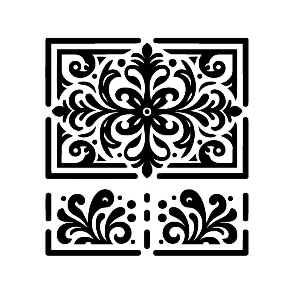 Intricate Black Floral Ornament and Border on White Background, Featuring Symmetry, Detailed Foliage, and Geometric Elements. vector