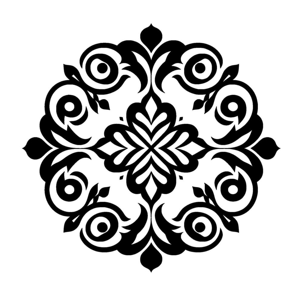 Symmetrical Black and White Floral Ornament on a White Background, Featuring Detailed Swirls, Leaves, and a Central Quatrefoil. vector