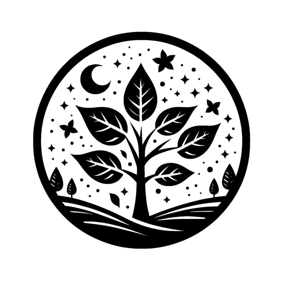 Serene Black and White Circular A tree blossoms under a starry night sky with a crescent moon, framed by a minimalist landscape. vector