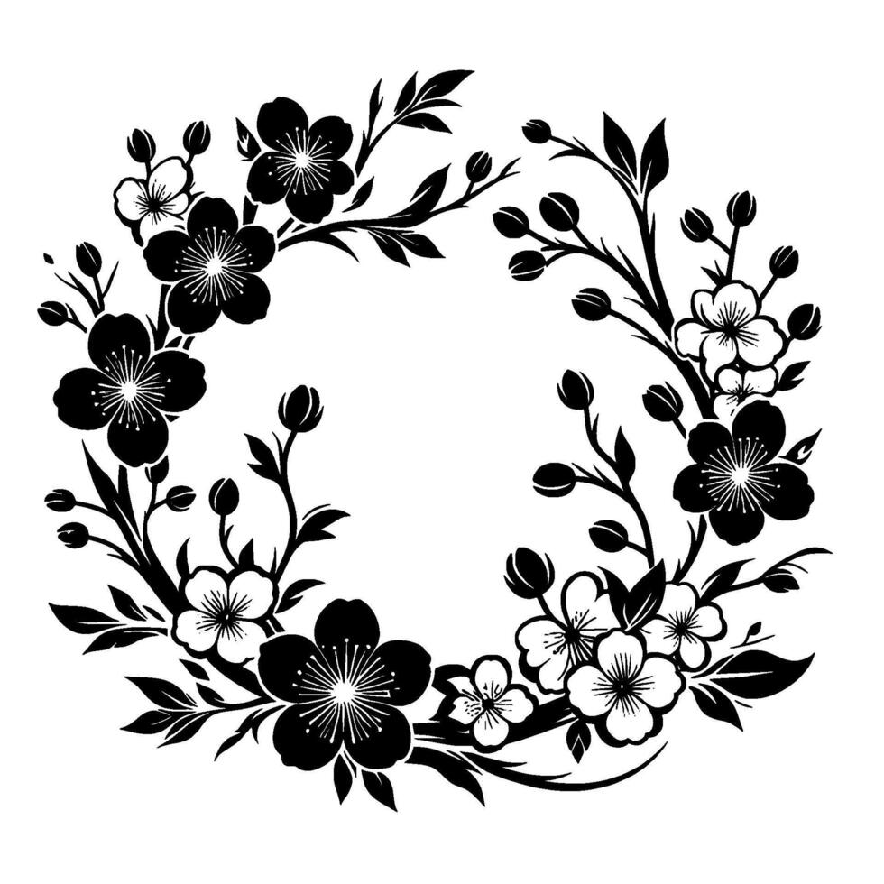 Elegant Black and White Floral Wreath A Delicate Arrangement of Cherry Blossoms and Leaves, Creating a Circular Frame. vector