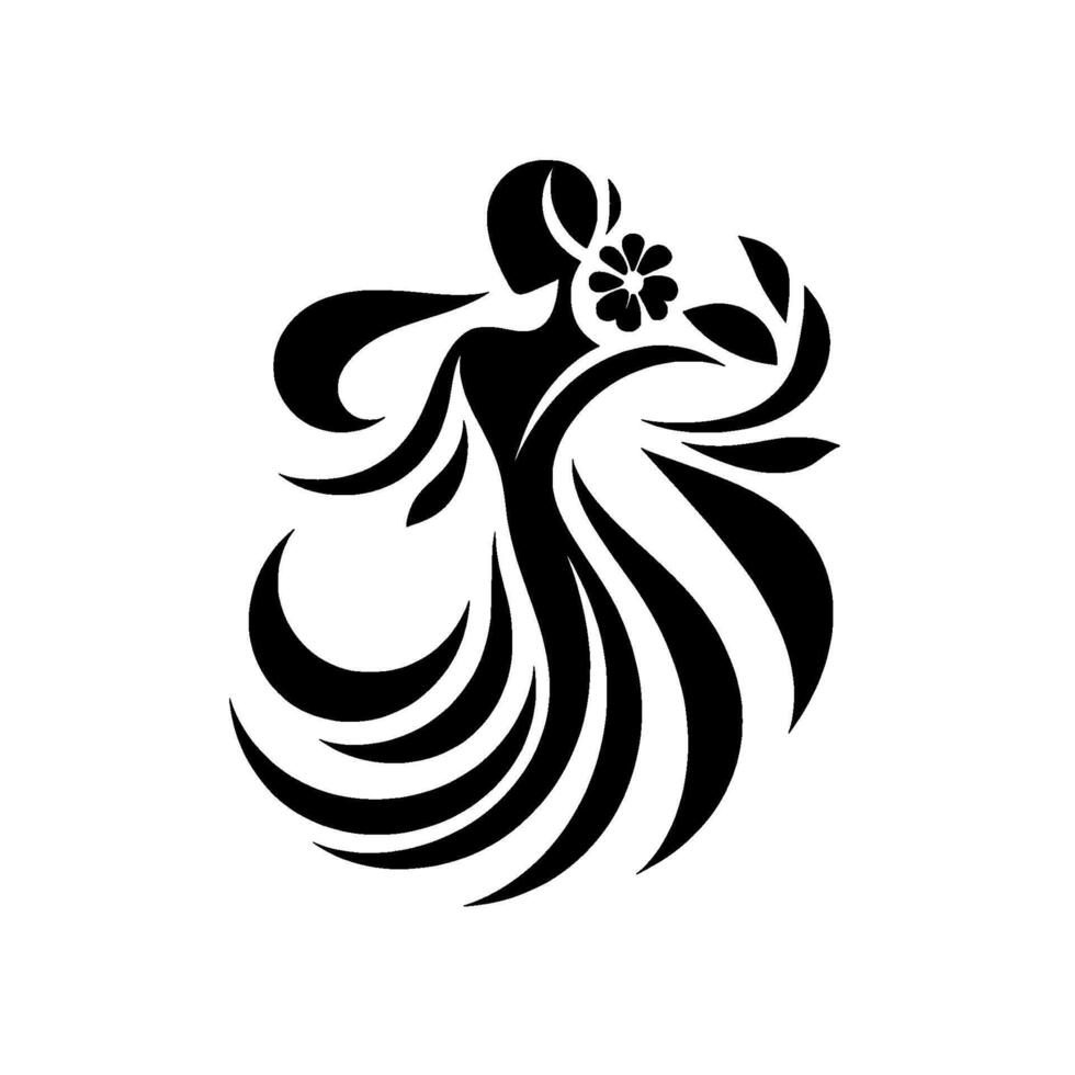 Silhouetted Woman with Floral Adornment in Flowing Dress, a Decorative and Minimalist Illustration on a White Background. vector