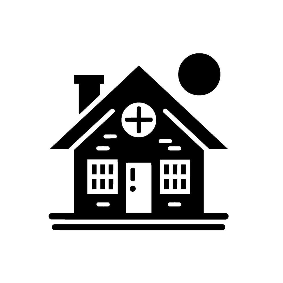 Simple black and white illustration depicting a stylized medical clinic or hospital building with a cross symbol, a sun, and windows on a white background. vector