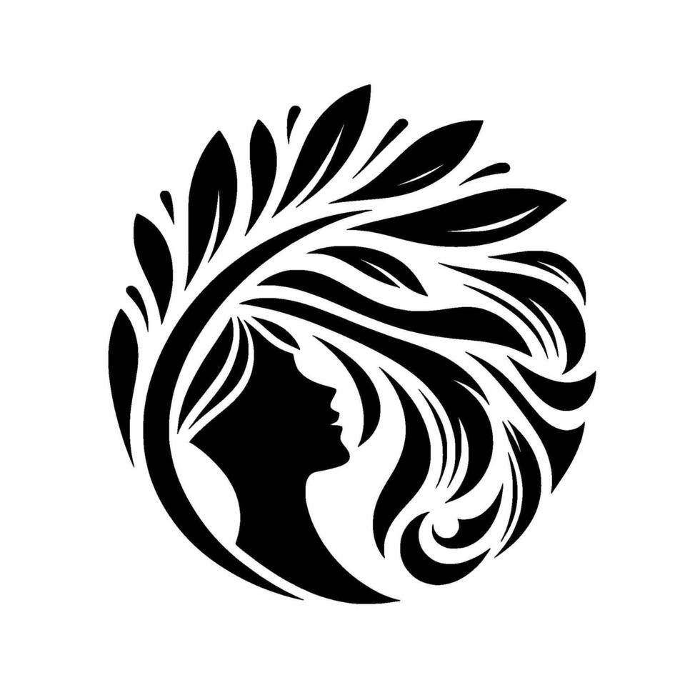 Silhouette of a womans profile, framed by a circular arrangement of stylized leaves and flowing hair, rendered in bold black and white contrast. vector