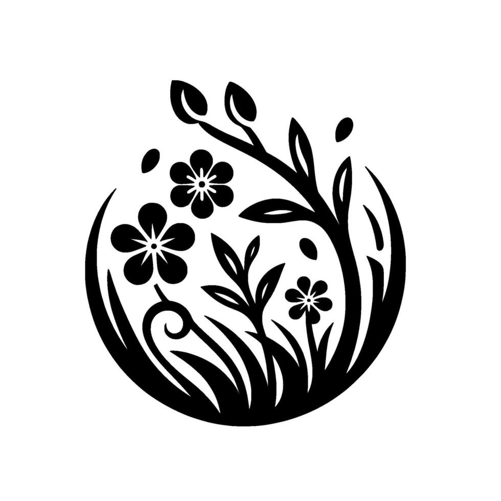 Black and white stylized floral composition inside a circular frame, featuring blossoms, leaves, and grassy elements, creating a minimalist and elegant . vector