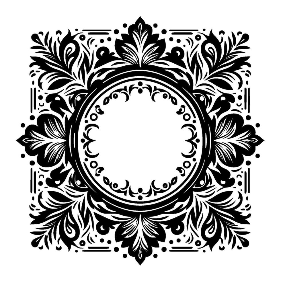 Intricate Black and White Ornamental A Symmetrical Floral and Circular Frame, Featuring Detailed Foliage and Geometric Elements on a White Background. vector