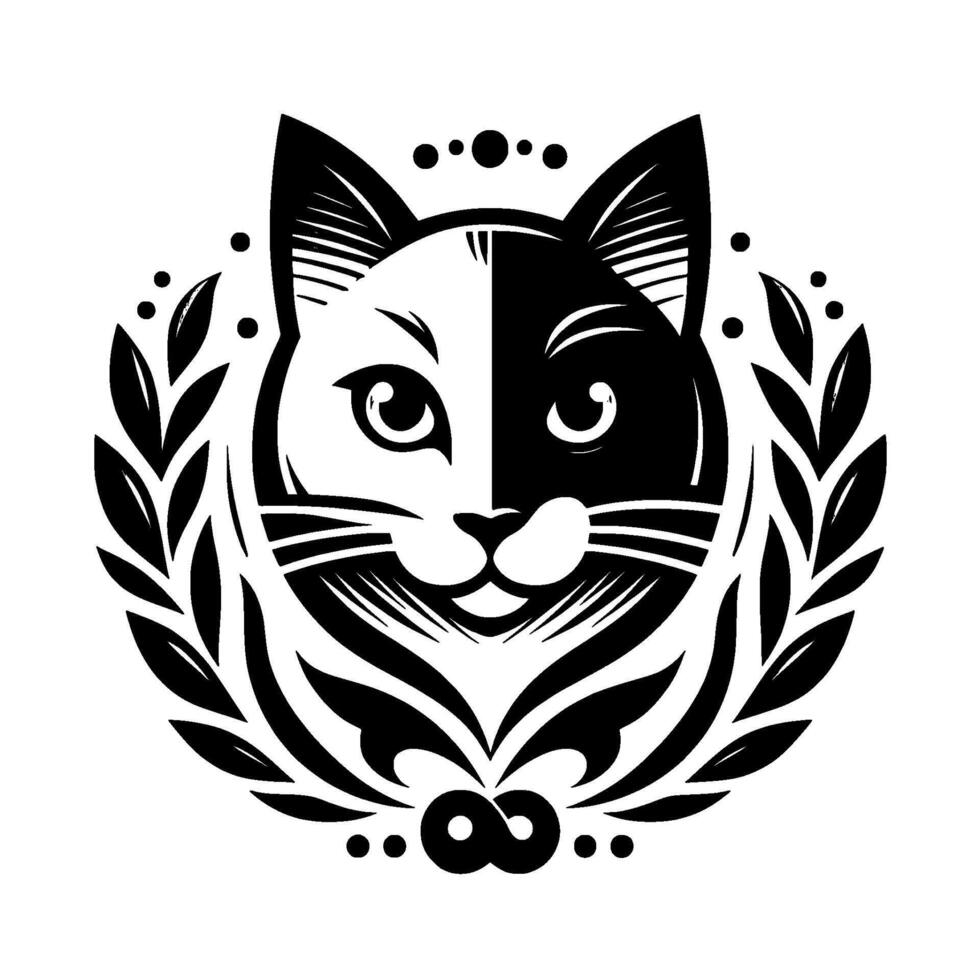 A symmetrical black and white cat head illustration, encircled by laurel leaves, featuring a split face and stylized details, evoking a heraldic or symbolic appearance. vector