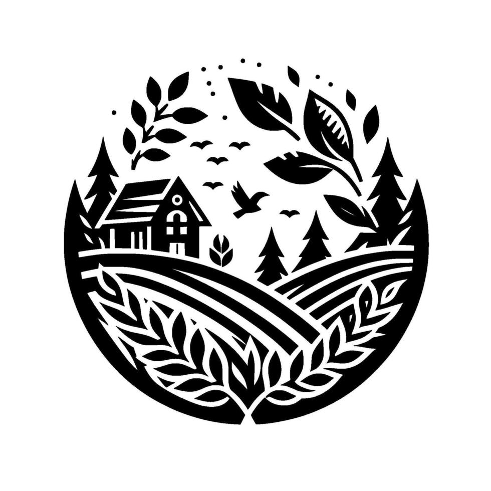 Circular Monochrome Illustration of a Rural Landscape with a House, Trees, Wheat Fields, and Birds in a Flat, Style vector