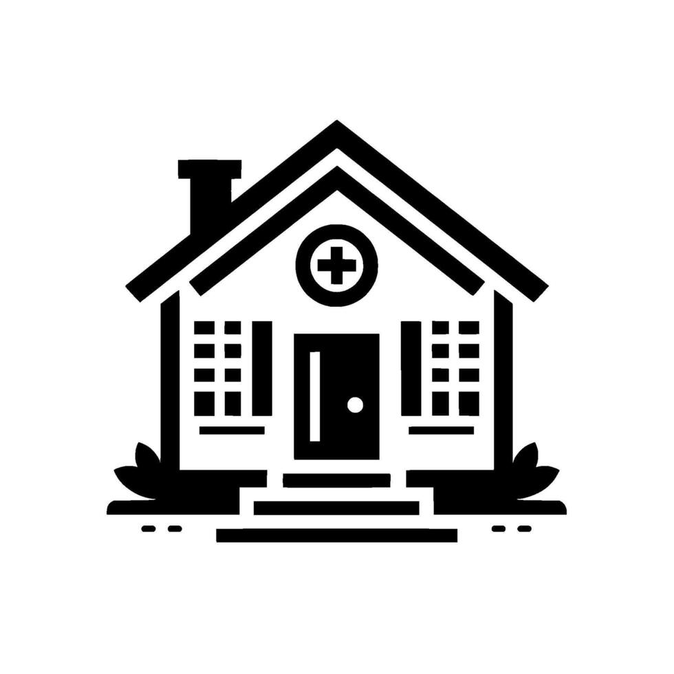 Minimalist Black and White Illustration of a Medical Clinic House with a Cross Symbol on the Roof and Simple Details. vector