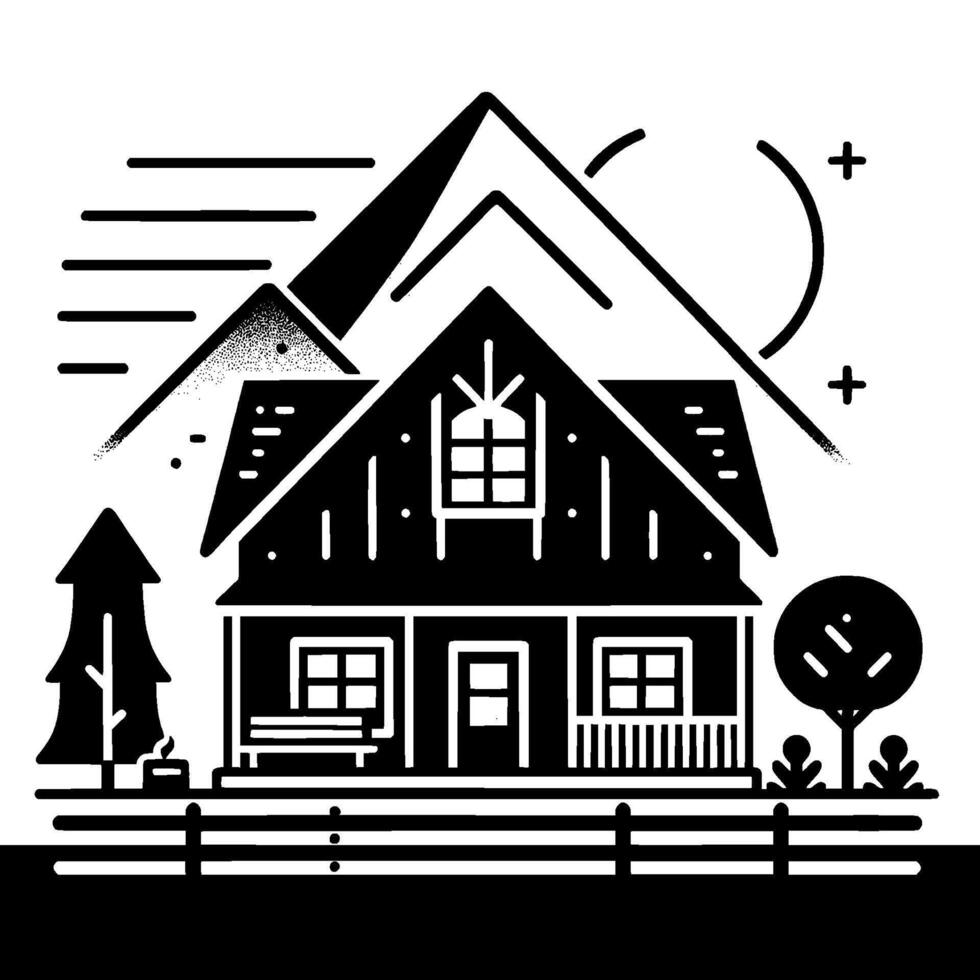 Stylized Black and White Cabin in a Mountainous Landscape with Fence, Trees, and a Moon vector