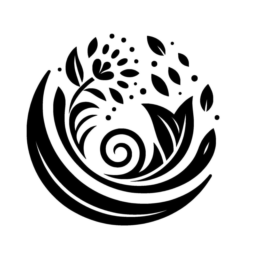 Black and white floral motif forming a circular, decorative with leaves, dots, a spiral, and a sense of organic elegance. vector