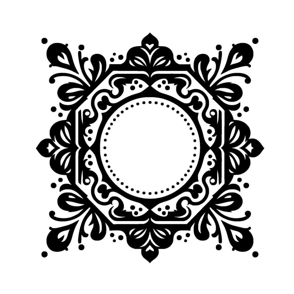 Intricate monochrome symmetrical ornate frame , featuring floral and scroll elements encircling a central dotted circle on a white backdrop. vector