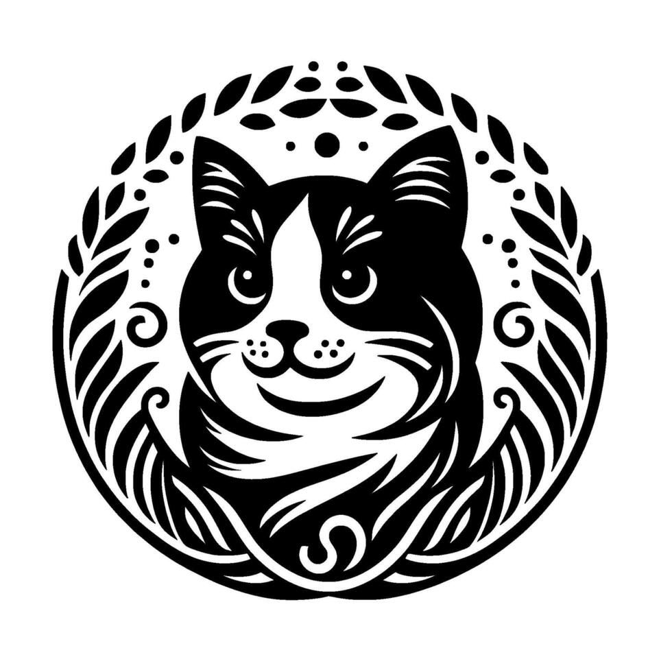 A stylized, black and white illustration of a cats face within a circular decorative frame of leaves and dots, creating a symmetrical and charming . vector