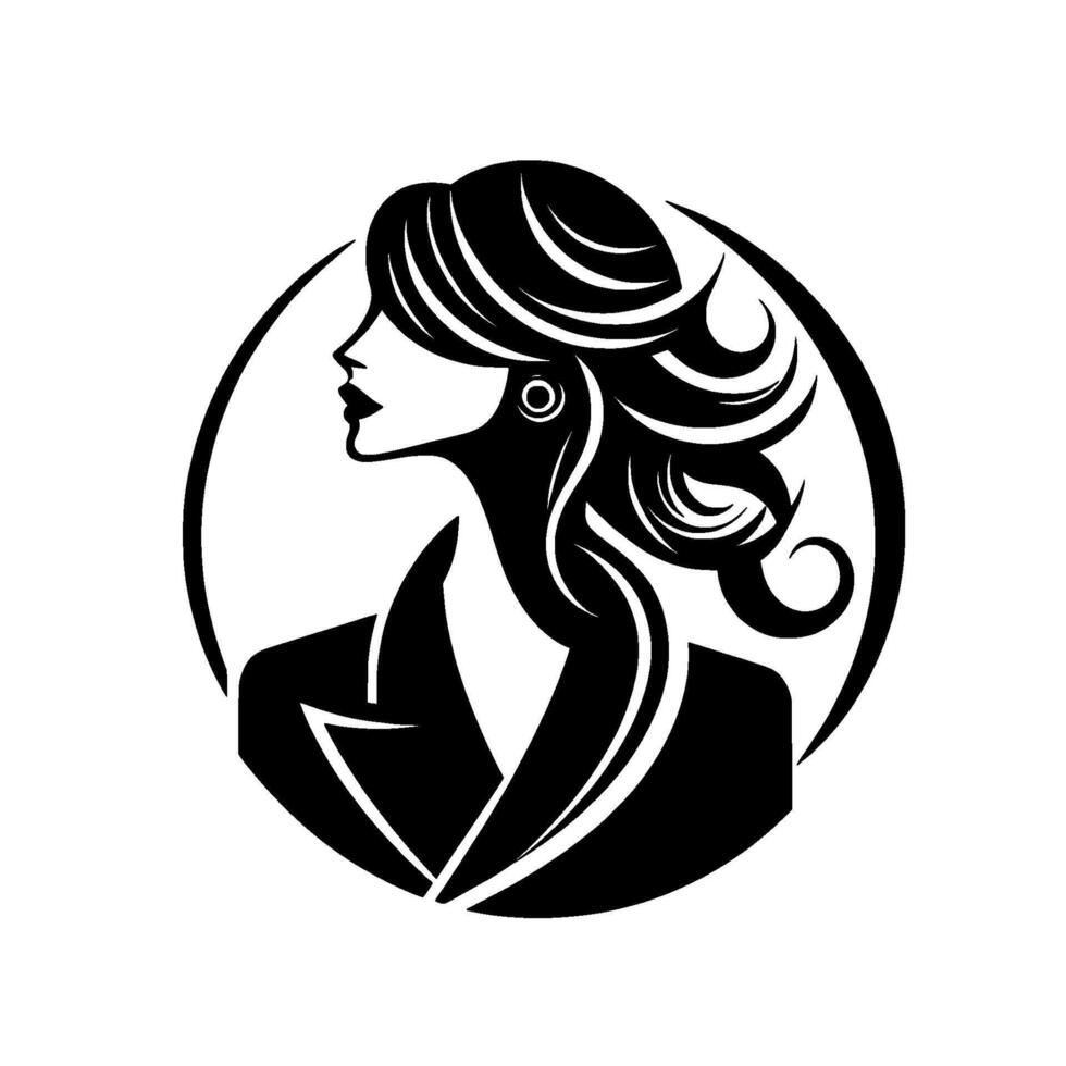 A sophisticated minimalist featuring a womans silhouette in a formal blazer within a circular frame, showcasing elegant lines, dark hair, and a distinct profile. vector