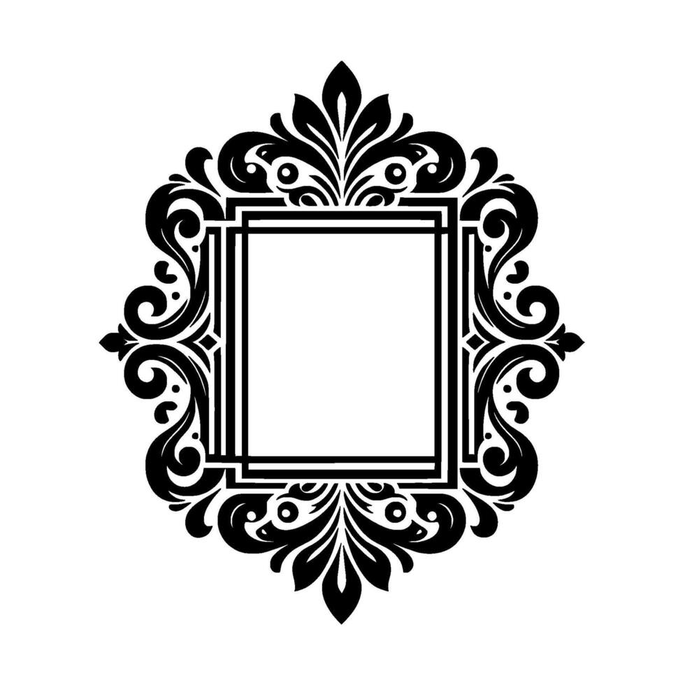 Elegant Black and White Ornamental Frame Featuring Intricate Floral and Scrollwork Surrounding a Central Rectangular Space, Illustrating Luxury and Decorative Style. vector