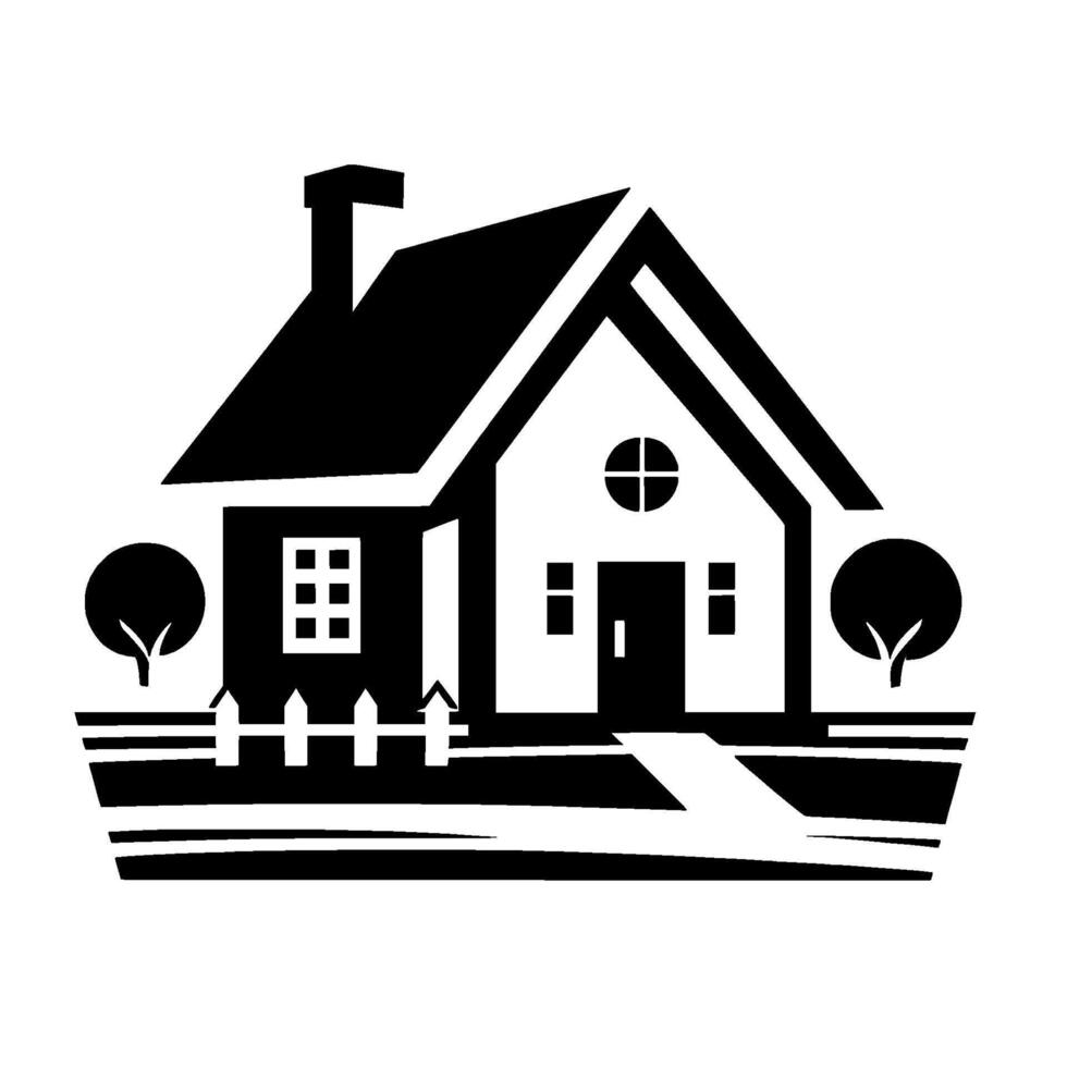 A minimalist, black and white illustration of a quaint house with a chimney, trees, a picket fence, and a pathway against a plain white background. vector