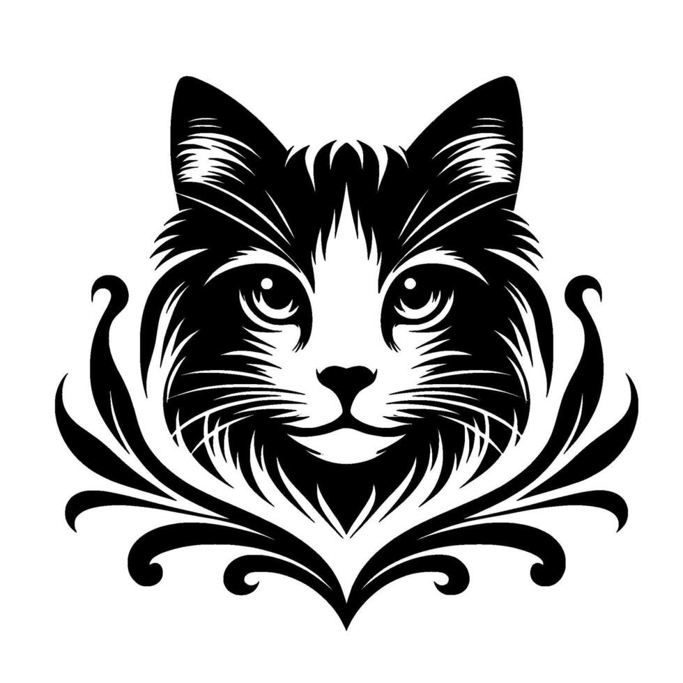 Elegant Black and White Cat Portrait with Ornate Floral Embellishments Detailed Illustration on White Background, Featuring Large Eyes and a Serene Expression. vector