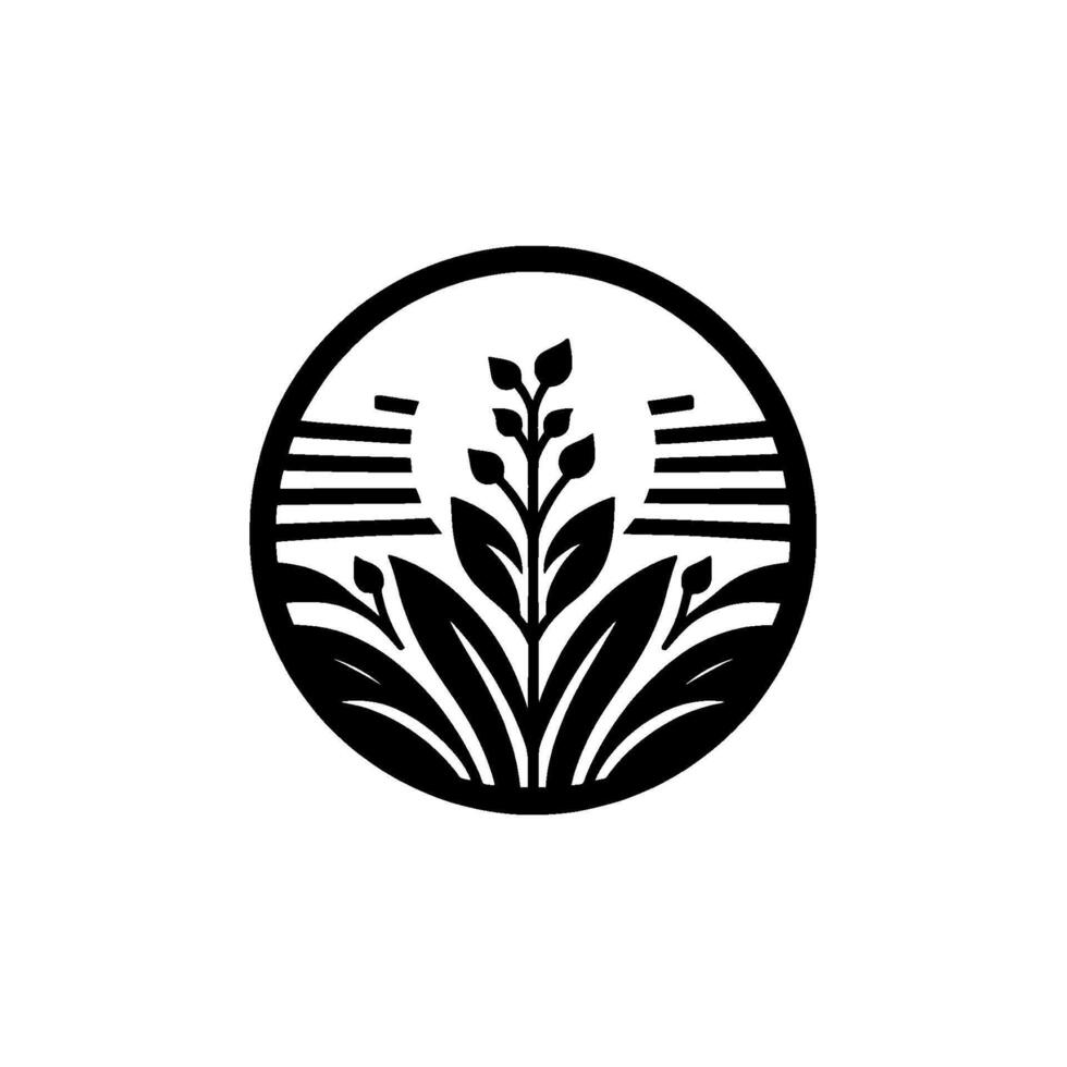 Elegant Black and White Circular Stylized Plant Illustration with Leaves, Buds and Decorative Elements vector